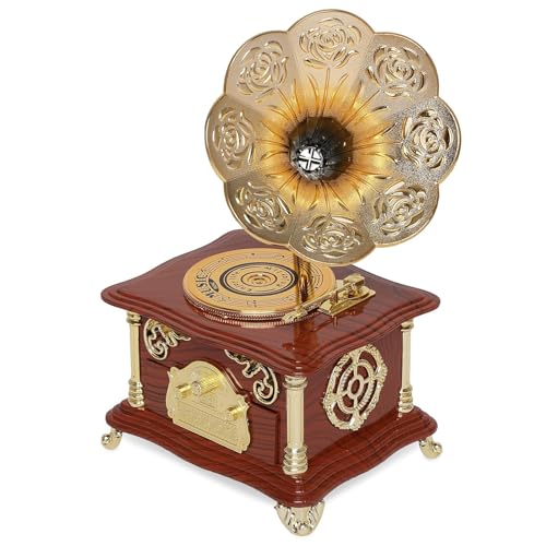 Image of AUGEN Exclusive Music Box Musical 360 rotatable Carousel Children's Wooden Men and Women Birthday Creative Christmas Valentine's Day Gift Home Decoration (Gramophone C)
