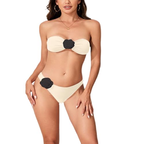 Women's Sexy 2 Piece Bandeau Bikini Set 3D Floral Strapless High Cut Low Rise Swimsuit Bathing Suit