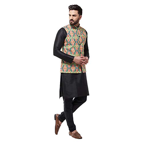Image of SOJANYA (Since 1958 Men's Silk Blend Black Kurta Pyjama & Printed Nehrujacket Combo