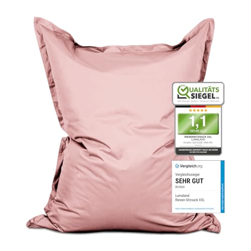 Lumaland Riesen-Sitzsack XXL 140x180 cm | Wasserfestes Indoor & Outdoor Liegekissen mit über 3 Mio. anpassungsfähigen EPS-Perlen | Bean Bag mit waschbarem Bezug [Pastel Pink]