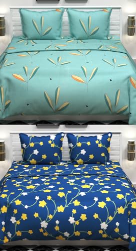 Image of VAS COLLECTIONS Prime Collection Combo Pack of 2 Double Bedsheets with 4 Pillow Covers | 144 TC Soft Brushed Microfiber-Blend -Long Lasting & Wrinkle Free,7.5X7 Ft Set of 6 Pcs (Green& Blue)