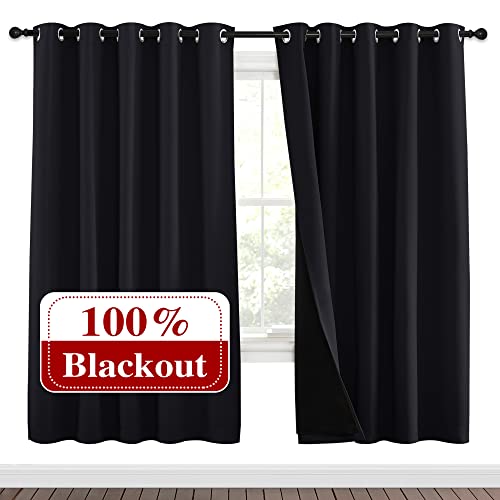 Image of NICETOWN 100% Blackout Window Curtain Panels, Full Light Blocking Drapes with Black Liner for Nursery, 72 inches Drop Thermal Bedroom Drapes and Curtains (Black, 2 Pieces, 70 inches Wide Per Panel)