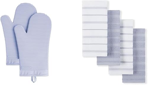2-Piece Ribbed Silicone Oven Mitt Set, Lavender Cream, 7.5"x13" & 4-Pack Albany Kitchen Towel Set, Lavender Cream/White, 16"x26"