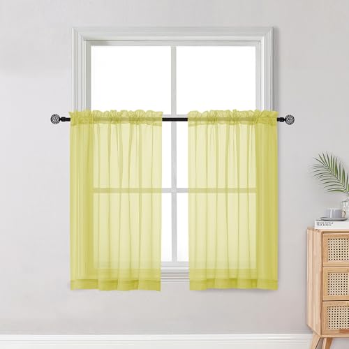 Image of OWENIE Short Lemon Sheer Curtains 36 Inch Length 2 Panels Set, Kitchen Tiers Curtains Light Filter Rod Pocket Voile Cafe Curtain for Basement Bathroom Small Half Window, 42 inch W x 36 inch L, Lemon