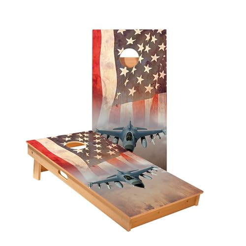 Skip's Garage American Flag with Jet Cornhole Boards - Includes (2) Boards (Resin Bags) + (1) Carry Case, (2) Hole Lights & (2) Edge Lights