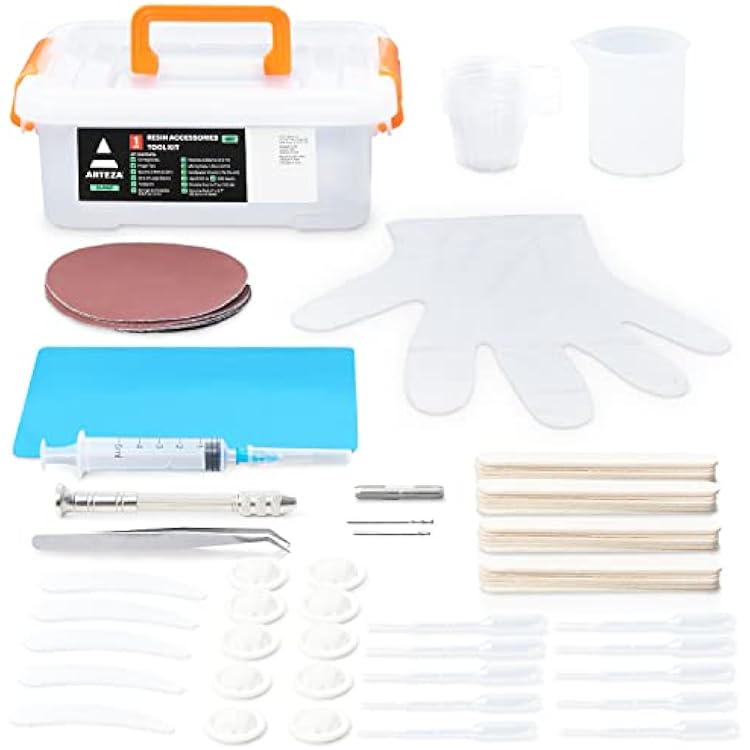 ARTEZA Resin Accessories, 69 Epoxy Tools Including Mixing Cups, Stir Sticks, Pipettes, Hand Drill, Spoons & Tweezers for Crafts