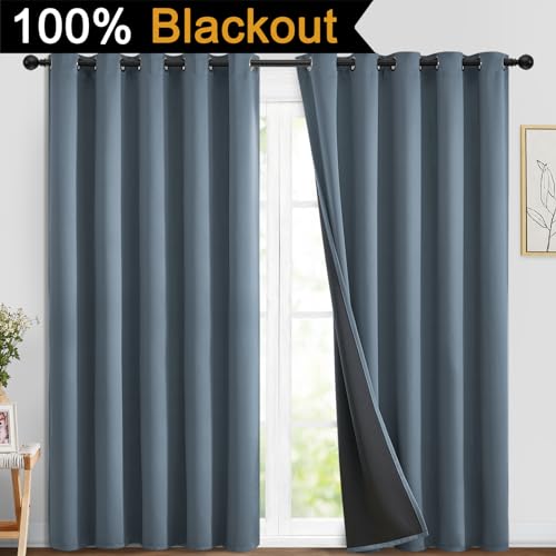 Image of Yakamok Stone Blue 100% Blackout Curtains 84 Inches Long 70 inch Wide 2 Panel | Blackout Curtain Panels for Bedroom, 2 Thick Layers Grommet Top Thermal Insulated Drapes with Black Liner for Living Room