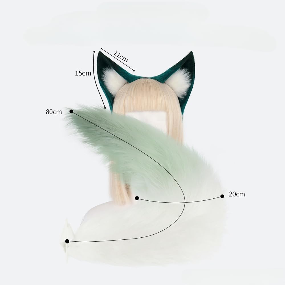 Yukong Ears and Tail Set Fox Ears Headband Furry Fursuit Costume Accessories for Adults Game Cosplay (Green White)