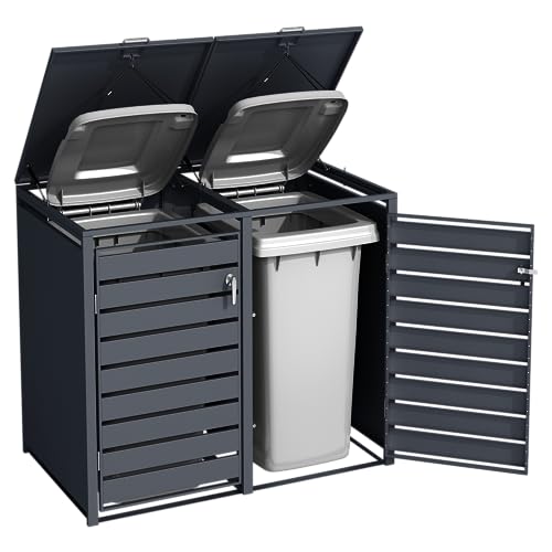 DWD Garden Double Wheelie Bin Hideaway 120L,240L Waste Bin,Storage Shed w/Locking Doors Assisted lift up Lid easy use Outdoor Hygienic Dustbin Cover Powdercoated Steel Matt Grey/Grey Slatted Doors