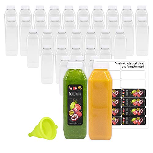 16 OZ Empty Eco Friendly PET Plastic Juice Bottles - Pack of 35 Reusable Clear Disposable Milk Bulk Containers with Tamper Evident Caps Lids (16 oz, White)