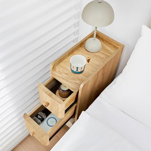 Image of Narrow Nightstand Set of 2, Wooden Small 2 Drawer Nightstand, Slim Side End Table, Skinny Bedside Table, Mid Century Modern Night Stand with Drawers for Bedroom (Natural-2 pcs)