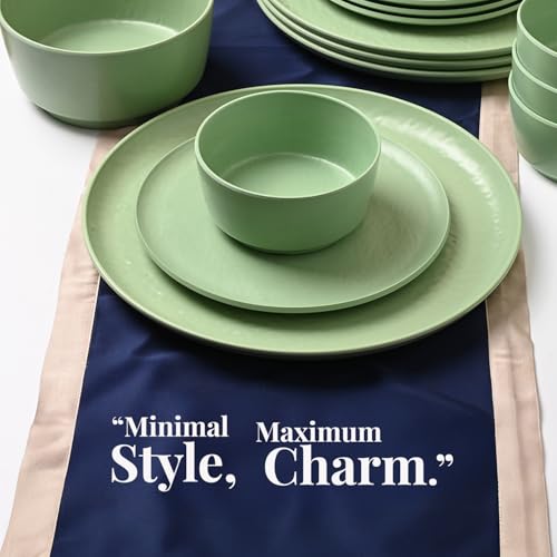 Image of MARKET 99 Green Hammered Melamine Dinner Set of 20 Pcs | 6 Full Plates, 6 Quarter Plates, 6 Soup Bowls & 2 Serving Bowls | Glossy Round Food Safe & Refrigerator Safe Dinnerware Set