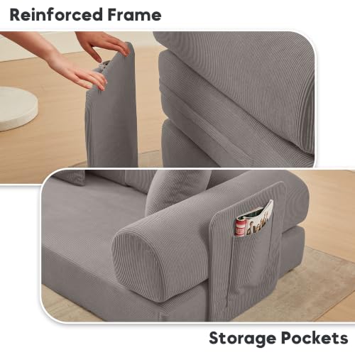 Image of 107 inch Modular Sectional Sofa Bed, L-Shape Corduroy Boneless Couch, Grey