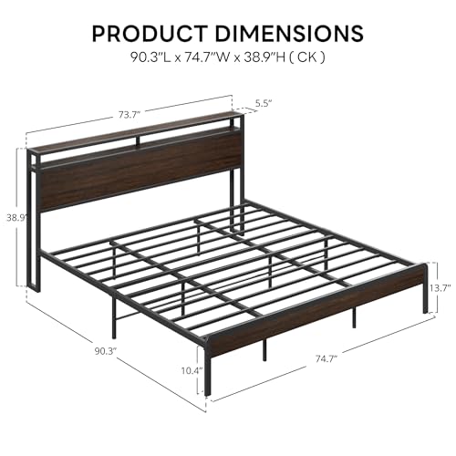 Image of LIKIMIO California King Bed Frame with Headboard, Dark Wood Camas California King with Strong Supports, Sturdy, Noise-Free, No Box Spring Needed, Dark Brown