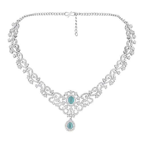 Image of ASMITTA Rhodium Plated Choker Jewellery Set for Women Girls | Silver Toned White & Baby Pink CZ American Diamond Necklace Earrings Combo | Stylish Contemporary Jewelry for Wedding Party