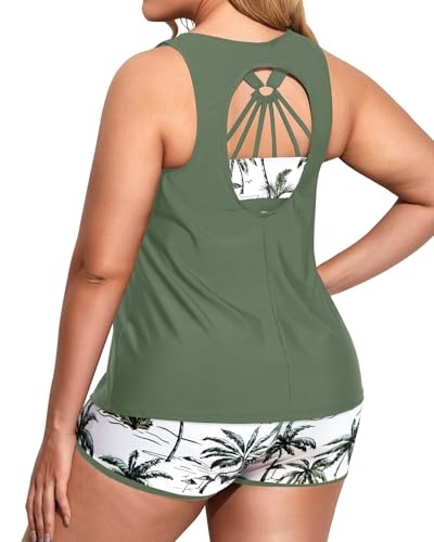 Image of Holipick Women Plus Size Swimsuits - Athletic 3 Piece Tankini with Shorts | Sports bikini top, high waist shorts, tank top, removable pads. Athletic style for water activties
