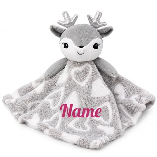 Image of June Garden Personalized Baby Deer Security Blanket - Custom Name Embroidered Grey Newborn Comforter - Soft Textured Plush Snuggle Lovey Toy