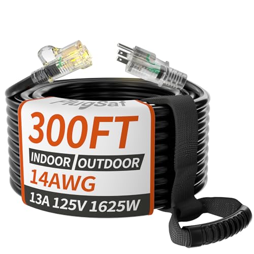 PlugSaf 14/3 Gauge Black Outdoor Extension Cord 300 ft Waterproof with Lighted Indicator Cold Weatherproof -40C Flexible 3 Prong Long Extension Cord Outside 13A 1625W 14AWG SJTW ETL Listed