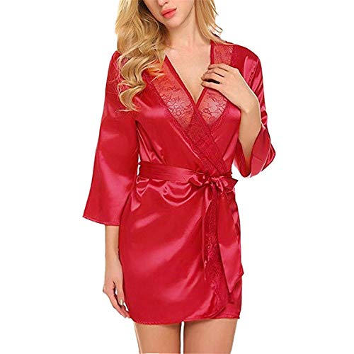 Generisch Lencería sexy para mujer, ropa de dormir con cinturón, kimono de manga ancha, vestido cómodo, vestido de maternidad, cuello en V, bata ligera, bata de satén, albornoz informal, camiseta