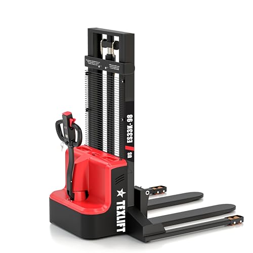 Full Electric Forklift Walkie Pallet Stacker with Fixed Straddle Legs and Adjustable Forks 5.50 Inch to 27 Inch – Material Lifter 3300lbs Capacity 8 Ft/98 Inch Lifting Heights - (US-ES33K-98)