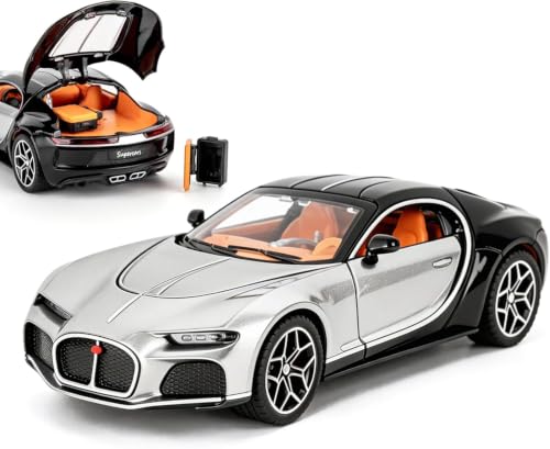 Image of 1:32 Scale Bugatti Atlantic Alloy Pickup Car Toy Metal Pull Back Diecast Car with Openable Door and Sound Light, Gifts Toys for Kids【Black /Silver】
