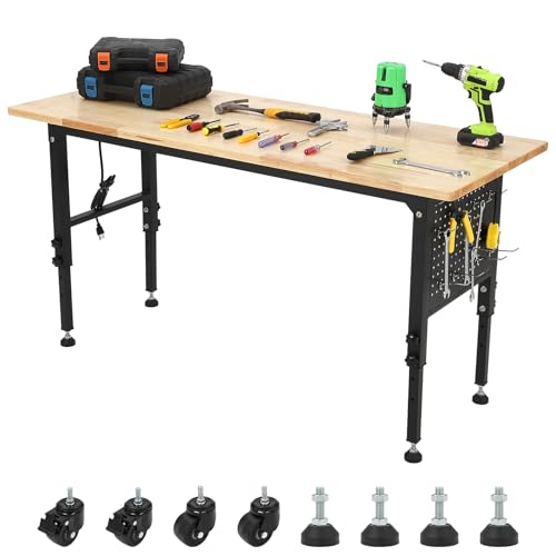 Rolling Garage Work Table,Adjustable Height Workbench Heavy Duty,24" D x 60" W Wood Work Bench with Pegboard, Power Strip and Hooks,
