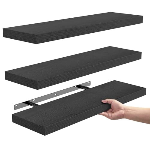 BAYKA Floating Shelves for Wall, Wall Mounted Rustic Wood Shelves for Bathroom, Bedroom, Living Room, Kitchen, Hanging Shelf for Books/Storage/Room Decor with 22lbs Capacity (Black, Set of 3, 15.7in)