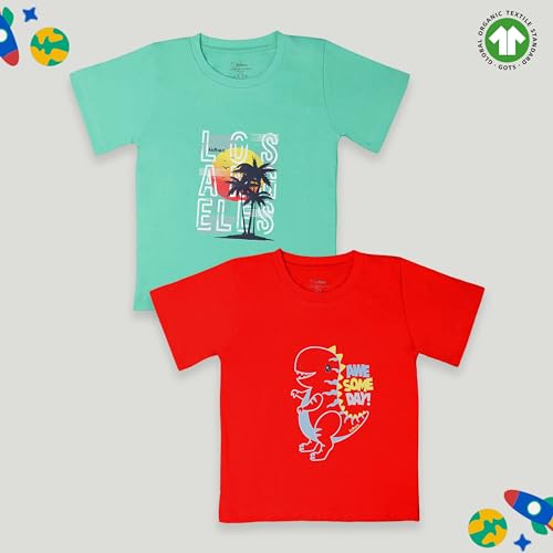 Image of Kidbea Baby Girl 100% Organic Cotton Printed Color Half Sleeve T-Shirt RB 06-1YS (Set of 2) Red