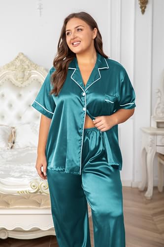 Image of Vozanet Women's Button Down Satin Pajama Sets Silky Short Sleeve Top & Pants Plus Size Loungewear Classic Sleepwear XL to 5XL