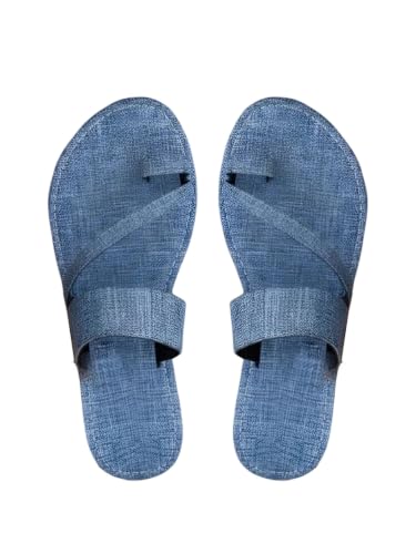 Image of GORGLITTER Women's Denim Jean Sandals Cute Dressy Toe Ring Strappy Slip on Slide Flats Sandal