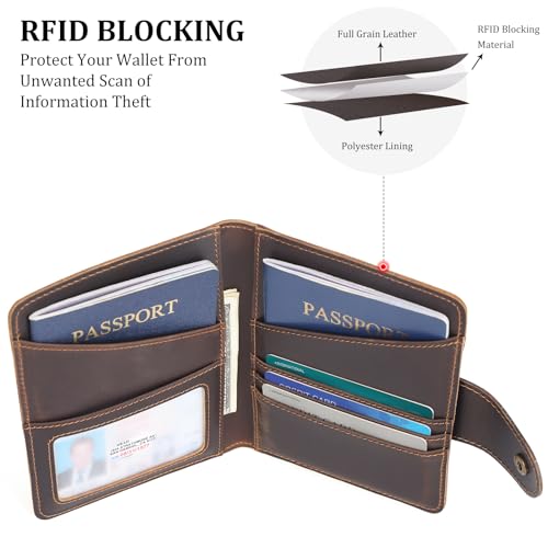 Image of Polare Full Grain Leather Slim and Soft RFID Blocking wallet For Men Snap Bifold Travel Wallet Passport Holders 2 Passports, Dark Brown with AirTag Slot, Slim