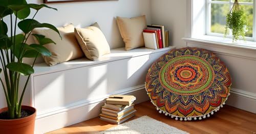 Round Mandala Floor Pillow Cover Seating Cushion Throw Case Hippie Decorative Bohemian Ottoman Pouf Cover, Pom Pom Pillow Cases,Boho Indian 22 Inches (New Blue) - Cosy Home Interiors Round Mandala Floor Pillow Cover Seating Cushion Throw Case Hippie Decorative Bohemian Ottoman Pouf Cover, Pom Pom Pillow Cases,Boho Indian 22 Inches (New Blue) - Image 5
