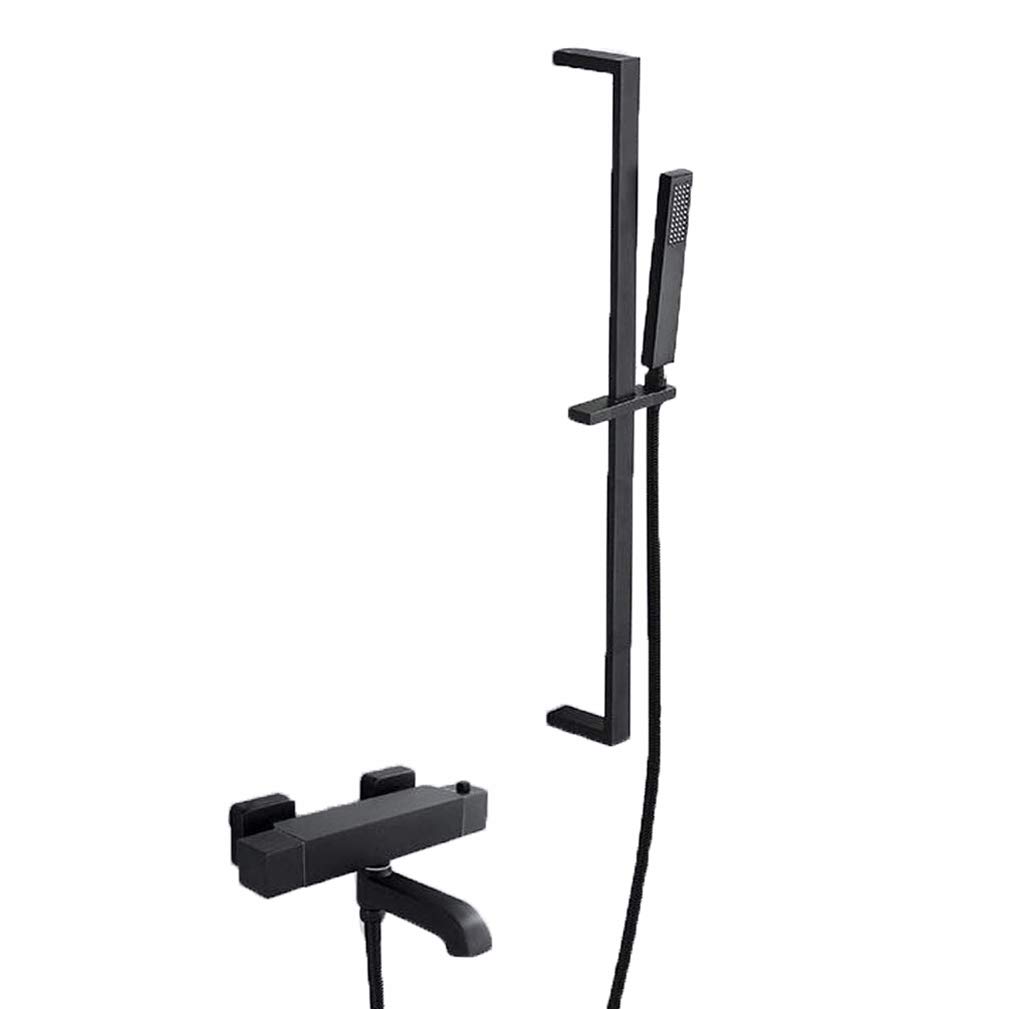 OZBMA Shower Set Tub Taps, Wall Mounted Brass Bath Constant Temperature Black Taps Bathtub Mixer with Handheld and Lifting Rod, Set,A