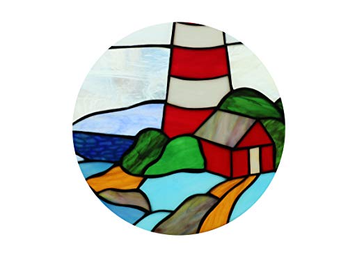 Yogoart 16 Inch Round Stained Glass Window Hanging Pagoda and Lighthouse Tiffany Stained Glass Window Panel with Hanging Chain - Thumbnail 3
