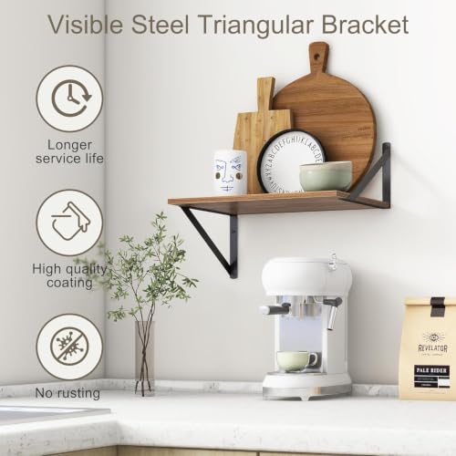 Image of Floating Wall Shelves, Set of 2, Rustic Brown Engineered Wood with Metal Brackets, 14x8 Inch, for Living Room, Kitchen Storage and Decor