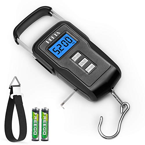 HEETA Fish Scale Upgraded Memory Function with Backlit LCD Display, Digital Portable Hanging Scale with Measuring Tape for Home and Outdoor Use, 2 AAA Batteries (Black)