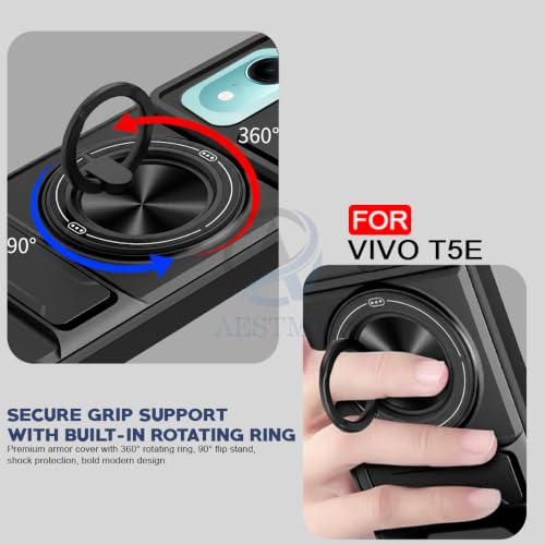 Image of AESTMO Vivo T5E Back Cover | Armor Camera Slider 360 Degree Rotating Finger Ring Holder Case with Bracket Stand Back Case Cover (Compatible with MagSafe Accessories) (Black)