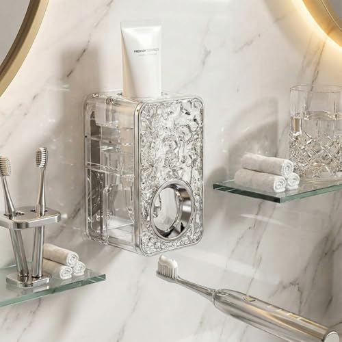 Image of Automatic Toothpaste Dispenser Premium Wall Mounted - Transparent ABS Plastic, No-Drill Adhesive Installation, Waterproof & Space-Saving Bathroom Organizer (Toothpast Dispenser)
