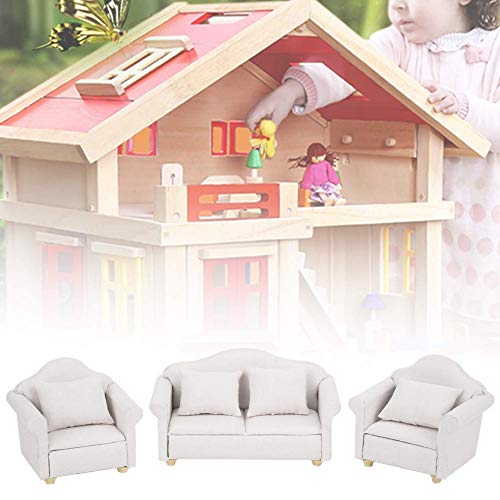 Zerodis 3Pcs Dollhouse Sofa Miniature Armchair 1:12 Mini Doll House Plaid Sofa Cojín Set Accesorio Habitación Muebles Juguete de Regalo para niñas(Blanco)