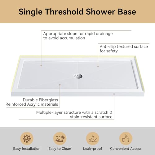 Image of HOROW 60 inch x 32 inch Shower Base, Center Drain Shower Pan, Low Profile Acrylic Base with Reinforced Fiberglass, Non-Slip Surface, Stainless Steel Drain Cover, Leak-Resistant for Bathroom