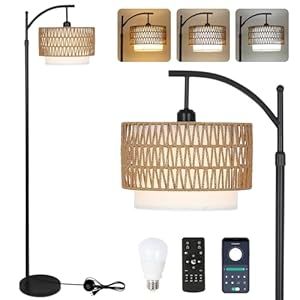 Lampadaire en rotin à intensité variable avec télécommande et ampoule LED, contrôle par application, Lampadaire boho avec abat-jour en rotin & lin, Lampadaire vintage pour salon, chambre à coucher E27
