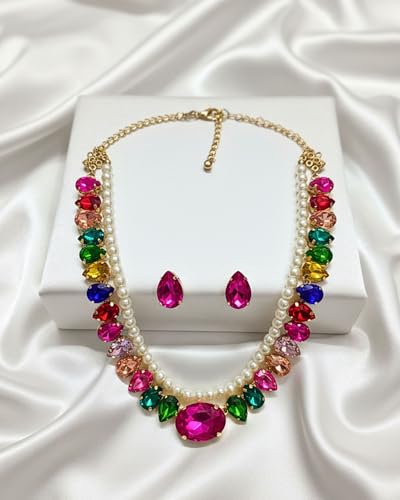 Image of Mansiyaorange Statement AD CZ American Diamond Cubic Zerconia Pearl Necklace Set | Gold Plated Chunky Fashion Jewelry for Women & Girls