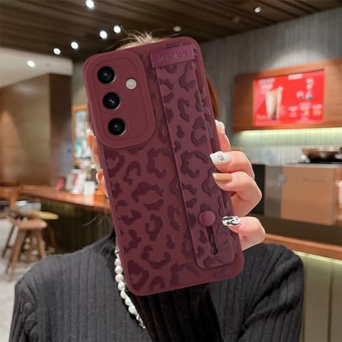 Image of Compatible with Samsung Galaxy S24 Case with Strap Wrist Wine Red | Cheetah Print Shockproof Soft TPU Protective Cover for Women Girls, Slim Anti Scratch Case 6.2 Inch, Wine Red
