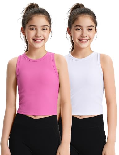 Image of JOCMIC 2 Pack Girls Tank Tops Kids Athletic Tanks Ribbed Knit Cropped Tops