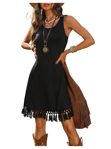 Verdusa Women's Western Fringe Tank Dresses Cowgirl Sleeveless Short Summer Dress