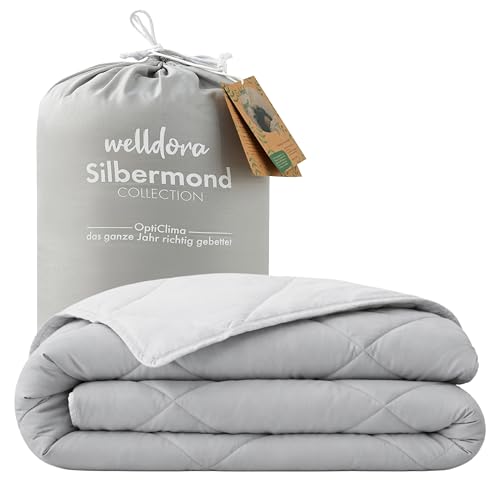 Welldora OPTICLIMA Allergiker Bettdecke 155x220 | Fachärztlich geprüft | Oeko-Tex Zertifiziert in der Schweiz | Sommerdecke für warme Nächte | Wendedecke Silbergrau-Weiß | Premium Steppdecke