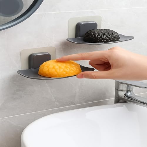 Image of Self Adhesive Soap Holder for Bathroom Wall | Plastic Soap Stand with Drain Tray | Wall Mounted Soap Dish | No Drilling Bathroom Soap Holder (Oval Shape Gray Color)