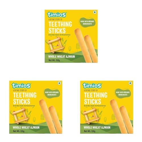 Image of Timios Organic Teething Sticks - Whole Wheat & Ajwain, 150g, Healthy, Tasty & Preservative-Free Baby Snack, Soothes Gums, Promotes Self-Feeding (Pack of 3)