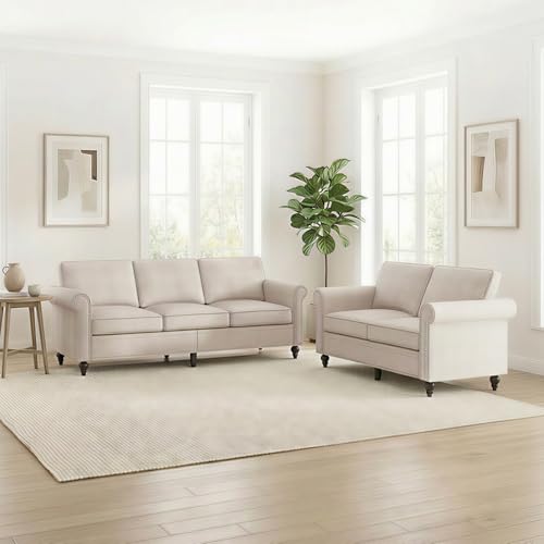 Image of ijuicy 2 PCS Sectional Sofa Set Loveseat + 3 Seat Sofa-Beige | Modern linen upholstered couch furniture with 5 inch thick cushions and nailhead trim, ideal for living rooms, homes