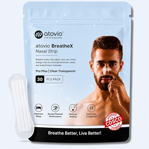 Image of atovio BreatheX Nasal Strips - Extra Strength Snoring & Congestion Relief | Sweat-Proof, Hypoallergenic Adhesive | Opens Nasal Passages for Better Breathing, Sleep & Sports Performance | CDSCO Licensed (Transparent, Pack of 30)